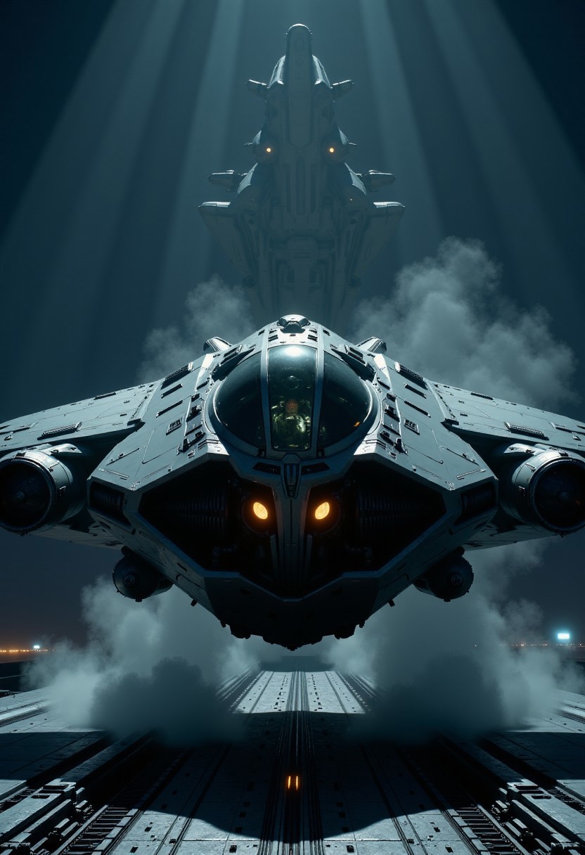 in the style of cksx, ckspaceship, silhouette art, chiascuro, a futuristic, highly advanced fighter plane taking off from an aircraft carrier at night. The plane is made of a dark gunmetal alloy with rivets, bolts, glowing LEDs and diodes, and has large guns mounted on the exterior; the cockpit shows glowing led lights, and has a large air intake, two-man crew visible through the cockpit window.