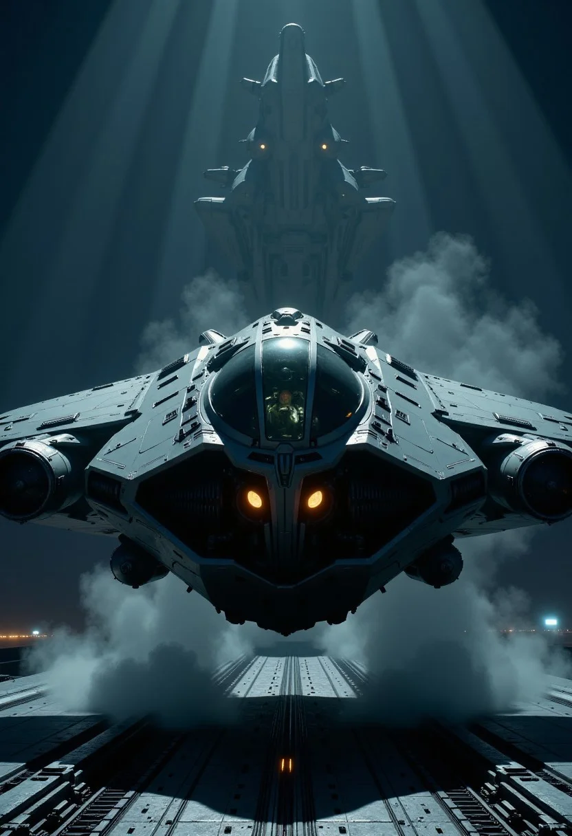 in the style of cksx, ckspaceship, silhouette art, chiascuro, a futuristic, highly advanced fighter plane taking off from an aircraft carrier at night. The plane is made of a dark gunmetal alloy with rivets, bolts, glowing LEDs and diodes, and has large guns mounted on the exterior; the cockpit shows glowing led lights, and has a large air intake, two-man crew visible through the cockpit window.