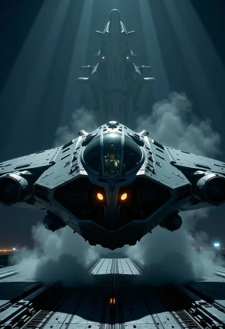 in the style of cksx, ckspaceship, silhouette art, chiascuro, a futuristic, highly advanced fighter plane taking off from an aircraft carrier at night. The plane is made of a dark gunmetal alloy with rivets, bolts, glowing LEDs and diodes, and has large guns mounted on the exterior; the cockpit shows glowing led lights, and has a large air intake, two-man crew visible through the cockpit window.