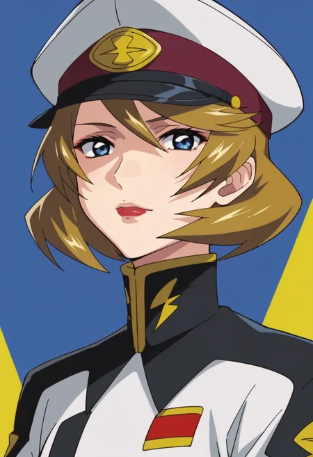score_9,score_8_up,score_7_up,score_6_up,score_5_up,score_4_up,anime coloring,source_anime,<lora:Talia_Gladys_SEED_Destiny_Pony:0.8>,talia,1girl,solo,blue eyes,blonde hair,short hair,lipstick,peaked cap,white coat,multicolored background,portrait,upper body,looking at viewer,