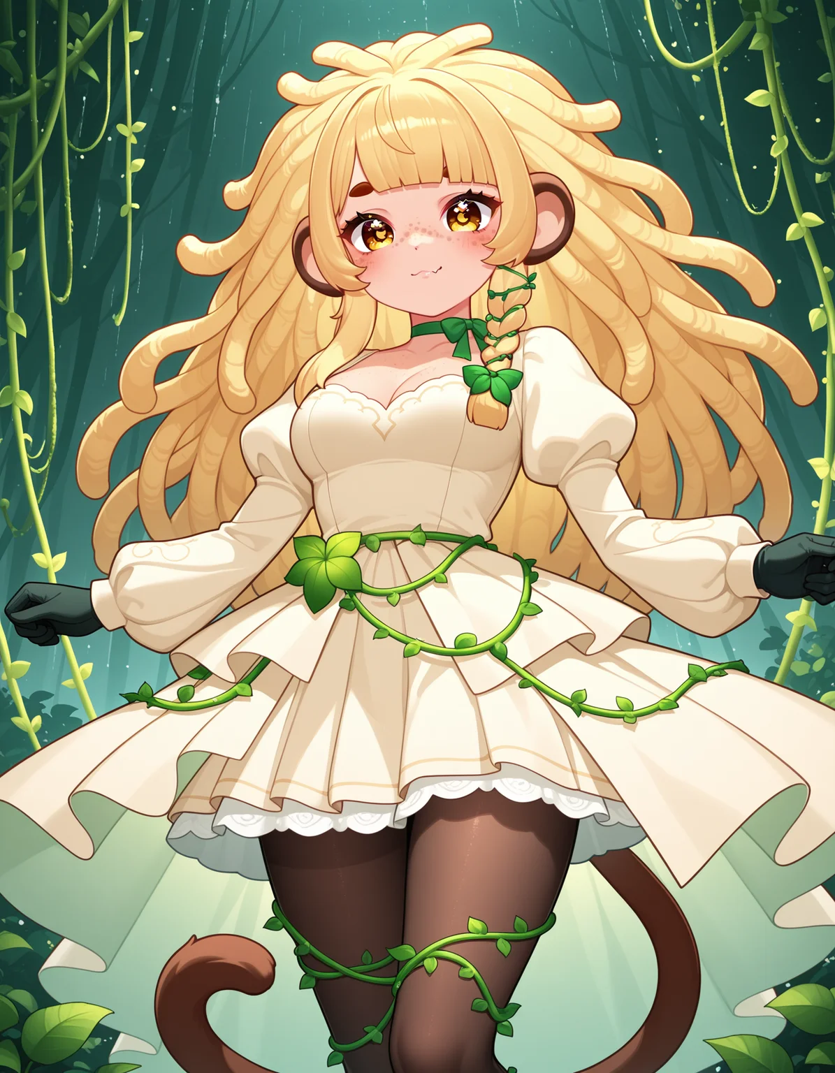 1girl, solo, <lora:BananaJuju_v2:0.8> bananajuju, long hair, symbol in eye, side braid, blunt bangs, vines, freckles, monkey ears, monkey tail, skin fang, light smile, blunt bangs, dreadlocks, blonde hair, medium breasts,
royal court dress, juliet sleeves, flared skirt, pantyhose, gloves, ribbon choker, (medium shot), detailed face, located in a magical scene at a magical ethereal plain during afternoon with stormy weather, illuminated by shimmering light, creating a enchanting,adventurous atmosphere