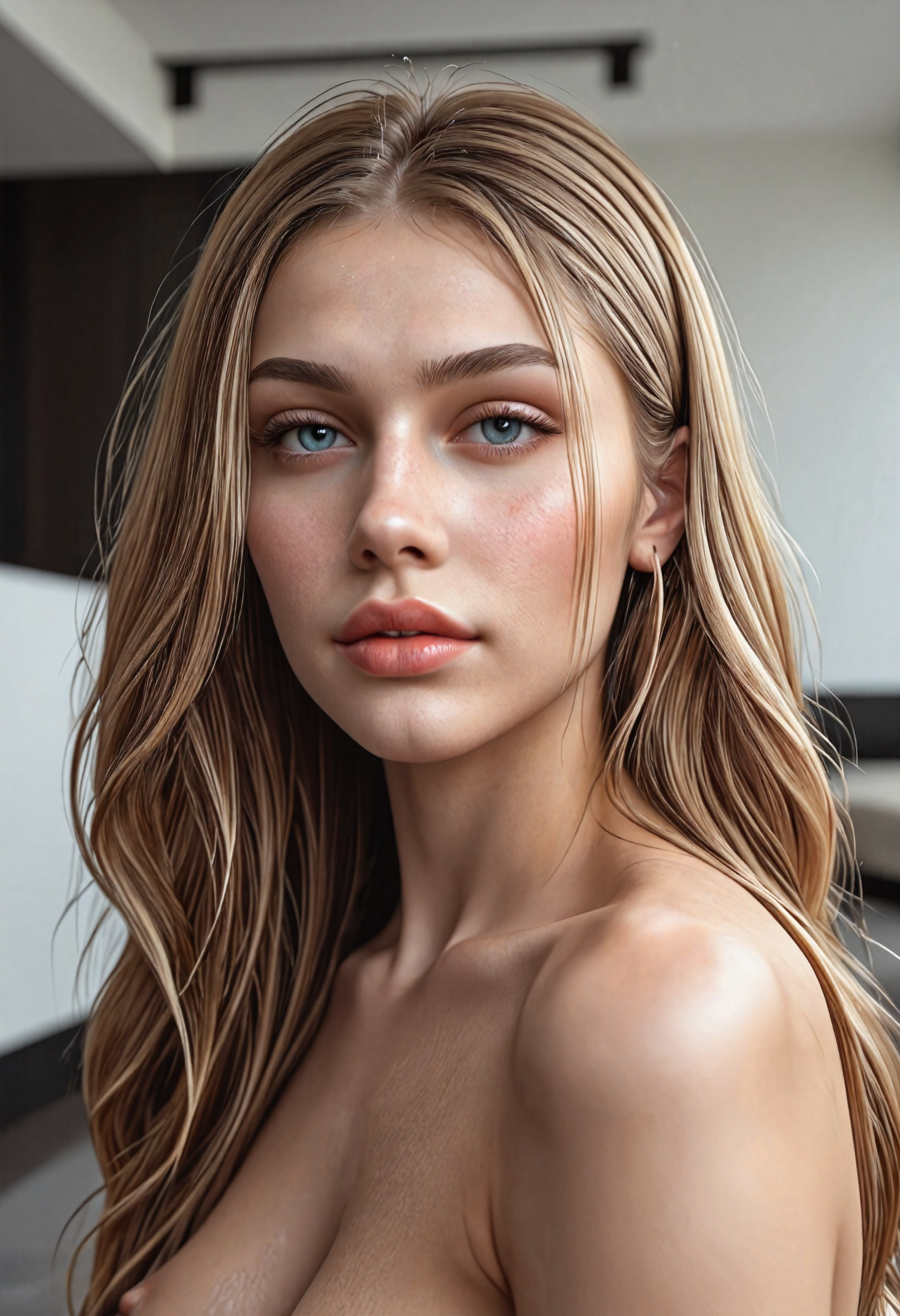 A photorealistic three-quarter portrait of a woman with long, voluminous hair. The hair flows naturally with detailed individual strands catching the light, adding depth and realism. Her face is partially obscured by her hair, giving her an air of mystery, while her glowing complexion and natural makeup emphasize her delicate features. The background is a modern interior setting in neutral tones.