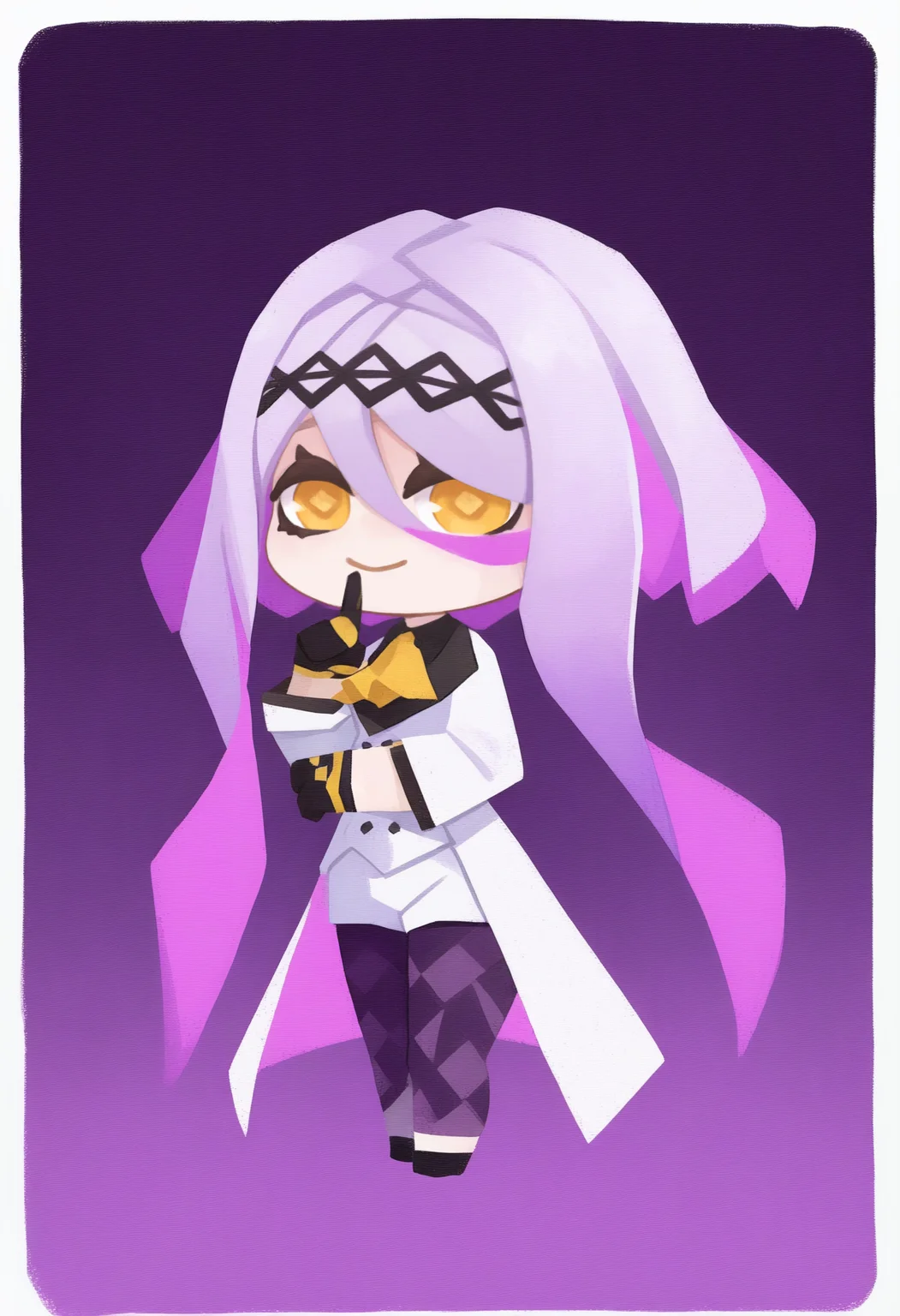 onmyojistyle, chibi, masterpiece, best quality, <break> white border, solo, 1girl, figue, smile, looking at viewer, standing, finger to mouth, shushing, yellow eyes, diamond-shaped pupils, purple hair, multicolored hair, hairband, hair between eyes, sidelocks, yellow ascot, white coat, long sleeves, black shirt, half gloves, black gloves, white shorts, purple leggings, purple background
<segment:yolo-Anzhc Face seg 640 v2 y8n.pt,0.4,0.5//cid=1>