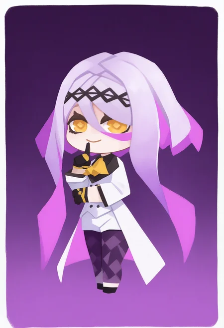 onmyojistyle, chibi, masterpiece, best quality, <break> white border, solo, 1girl, figue, smile, looking at viewer, standing, finger to mouth, shushing, yellow eyes, diamond-shaped pupils, purple hair, multicolored hair, hairband, hair between eyes, sidelocks, yellow ascot, white coat, long sleeves, black shirt, half gloves, black gloves, white shorts, purple leggings, purple background
 <segment:yolo-Anzhc Face seg 640 v2 y8n.pt,0.4,0.5//cid=1>