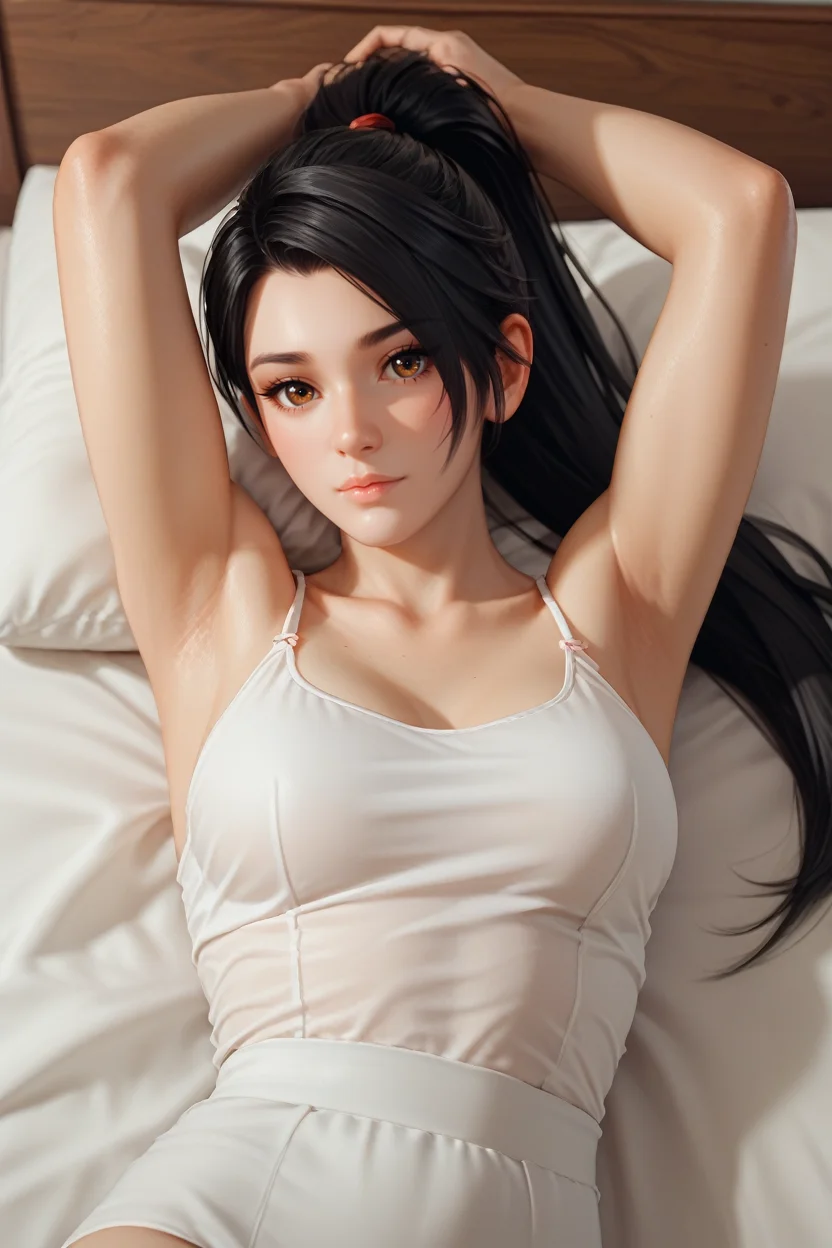 score_9, score_8_up, score_7_up,
<lora:DOAMomiji:0.8>
DOAMomiji, 1girl, black hair, brown eyes, long hair, ponytail, looking at viewer, laying back, on bed, arms up