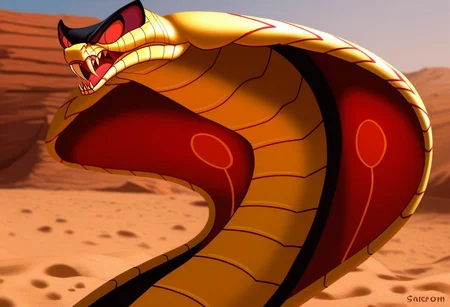 score_9, score_8_up, score_7_up, solo 1boy, expressiveh, (SnakeJafar, scalie, snake, cobra, feral, snake hood, reptile, black body, black scales, red body, red scales, fangs, closed mouth, red eyes), desert, sand, cowboy shot, close-up, smile, detailed background, 4k, masterpiece, best quality, highly detailed, realistic