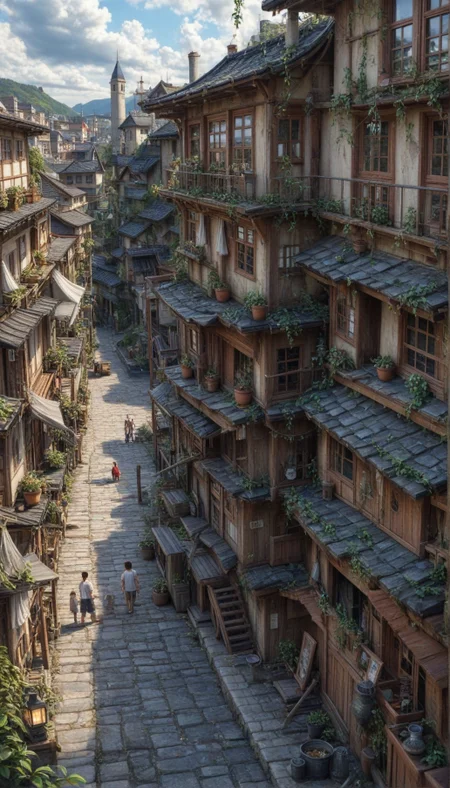 masterpiece, best quality, amazing quality, very aesthetic, perfect eyes,hiper realistic,
,multiple_girls, outdoors, multiple_boys, sky, day, cloud, blue_sky, tree, window, sunlight, cloudy_sky, plant, building, scenery, lantern, stairs, city, sign, potted_plant, road, cityscape, multiple_others, architecture, house, bridge, power_lines, street, shop, rooftop, people, town, balcony, alley, air_conditioner, pavement, chimney, laundry, vanishing_point, storefront, clothesline, village, market_stall,A vibrant, detailed digital painting of a traditional Japanese village. The village is filled with old, dilapidated buildings with crumbling walls and vines covering the balconies. The street is narrow and winding, with a few people walking along it. The sky is a bright, clear blue with fluffy white clouds. The atmosphere is lively and picturesque. The style is realistic with a touch of fantasy.