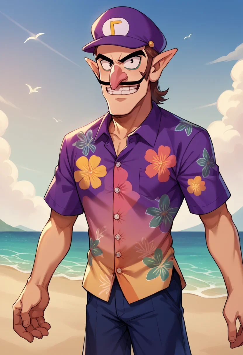 score_9, score_8_up, source_anime, 1boy, solo, Waluigi, mustache, teeth, pointy ears, brown hair, hat, purple headwear, hawaiian shirt, dress shirt, multicolored shirt, shorts, smile, outdoors, beach, <lora:ChamWaluigiPonyXL:1>