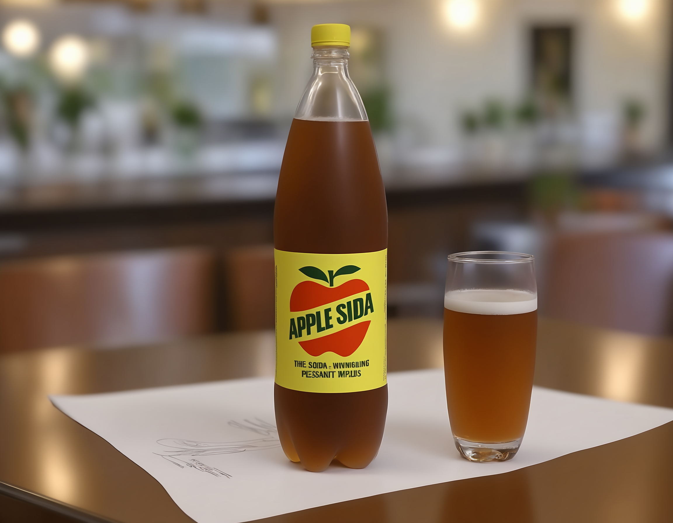 A bottle of gapplesodag soda placed on a restaurant table. The bottle's label is clearly visible, showcasing the brand and flavor. The setting is a dining environment, possibly with elegant tableware, a menu, or other dining accessories. The scene should be as realistic as a high-resolution photograph, with soft and inviting lighting that highlights the bottle and creates a pleasant dining ambiance,<lora:applesoda:0.55>