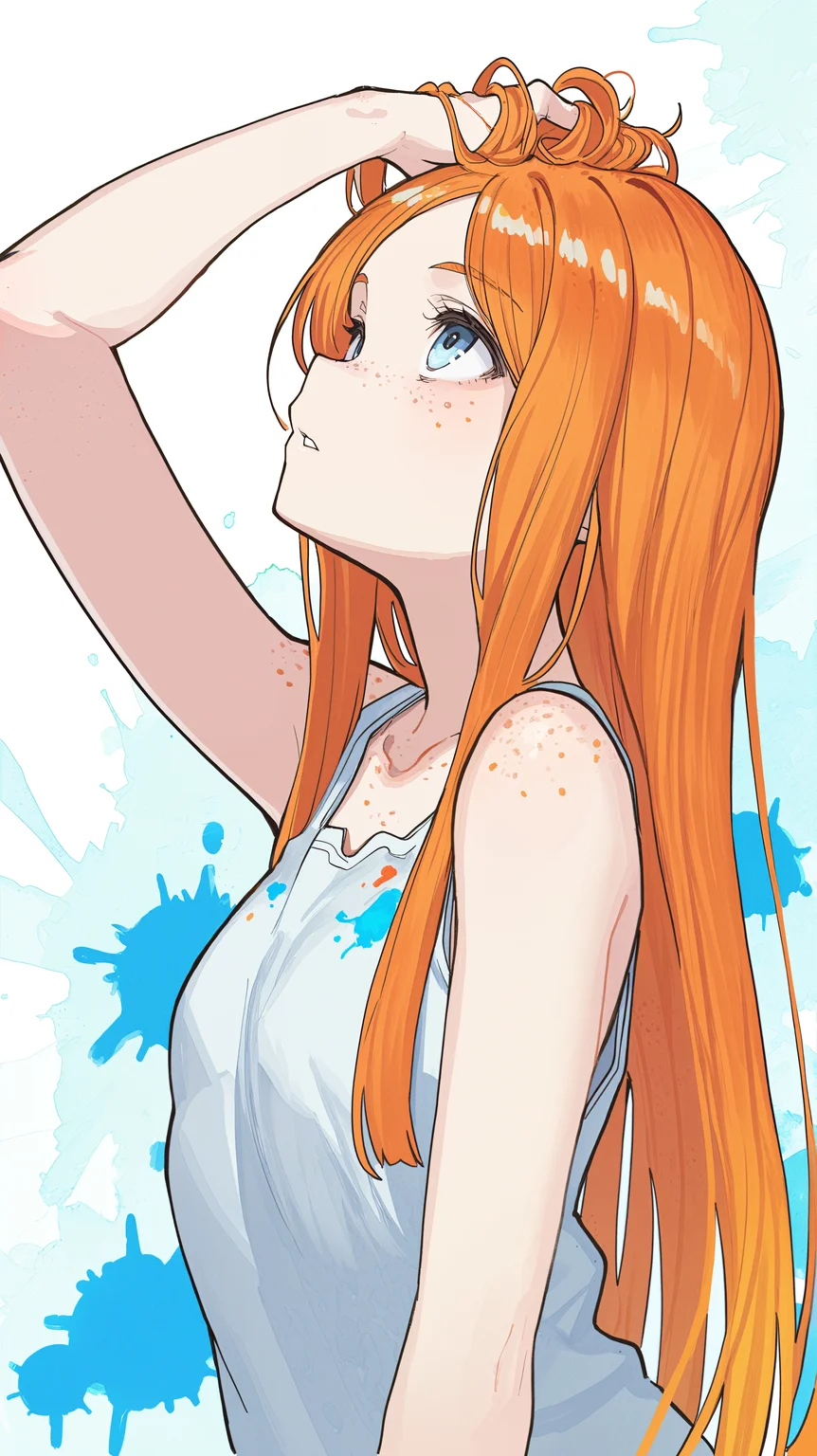 masterpiece, best quality, amazing quality, <lora:NariTesh - Illustrious_epoch_11:0.8>, Naritesh, watercolor, Very long ginger hair, straight hair, parted bangs, freckles, chest freckles, blue eyes, posing, abstract background, paint splatter, side view, lifting up own hair, looking up, parted lips, upper body, petite,
