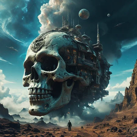 A man standing in front of a colosal spaceship merged with a human skull. Towering walls of clouds block out the sky, the spaceship threatens with a dark and undead aura, masterpiece, meticulous, octane render, 35mm, bokeh, 9:16, (intricate details:1.12), hdr, (hyperdetailed:1.15), , (realistic photo)