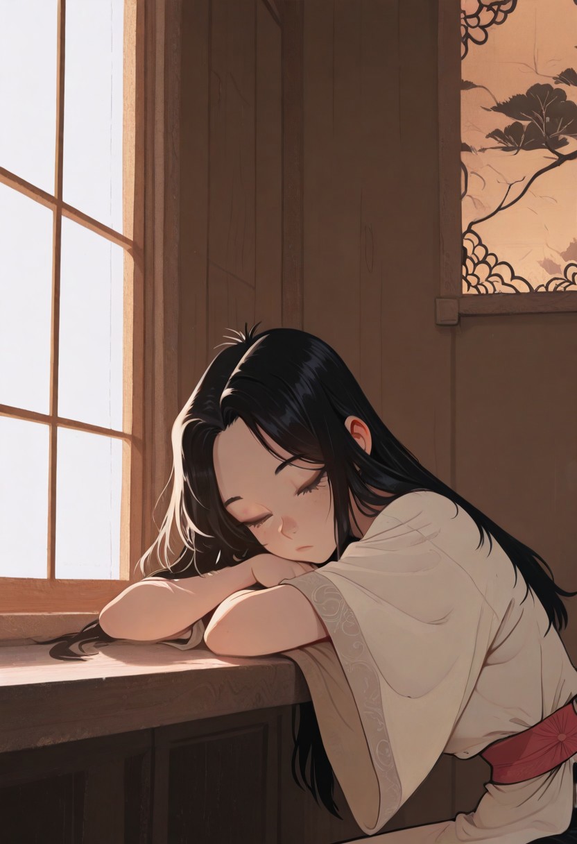 1girl , traditional vietnamese dreess , long hair , window , head rest , sleepinng , 
masterpiece ,best quality ,amazing quality, Flatline, Flat vector illustration, klaus_style ,