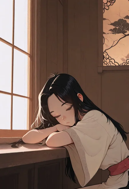 1girl , traditional vietnamese dreess , long hair , window , head rest , sleepinng ,
masterpiece ,best quality ,amazing quality, Flatline, Flat vector illustration, klaus_style ,