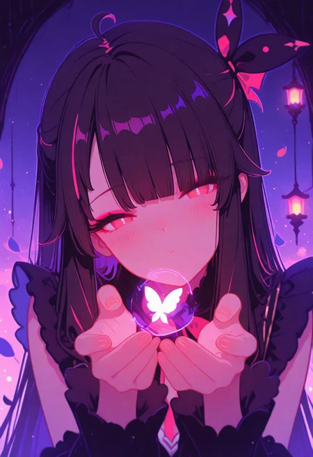 masterpiece, best quality, good quality, newest, highres, absurdres, yorumi rena \( njisanji\),
looking at viewer, blush, fingernails, head tilt, dark fantasy, vibrant background, Theme parks, amusement parks, magician costumes, frills, play boy bunny, petals, glowing lanterns, misty night,aesthetic, soft bokeh, atmospheric lighting, neon glow, mystical aura,, moonlit night, depth of field, cinematic lighting, warm contrast, rich colors, detailed face, detailed eyes, leaning forward, face focus, close view, upper body, Flatline, Flat vector illustration