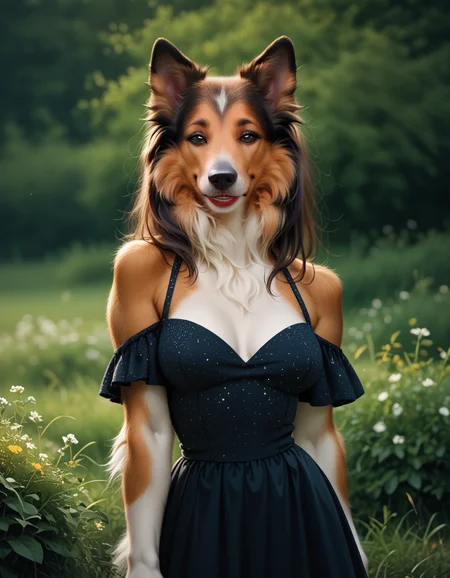 score_9, score_8_up, score_7_up, score_6_up, score_5_up, score_4_up, hud_c0llie_can1ne, solo, dog, furry, breasts, dress, <lora:collie:0.7>, outdoors, upper body, eyeshadow, lipstick, smile