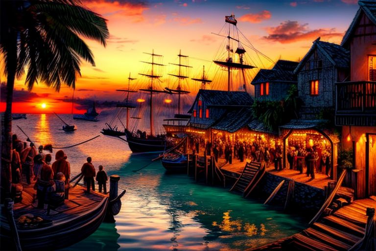 (masterpiece:1.2), (best quality,:1.2), 8k, HDR, ultra detailed, ((photorealistic)), perfect anatomy, professional light, cinematic lighting, fashion photography, ambient lighting, pire, ships, pier outside a tavern over looking a busy harbor in the caribbean, colorful sunset