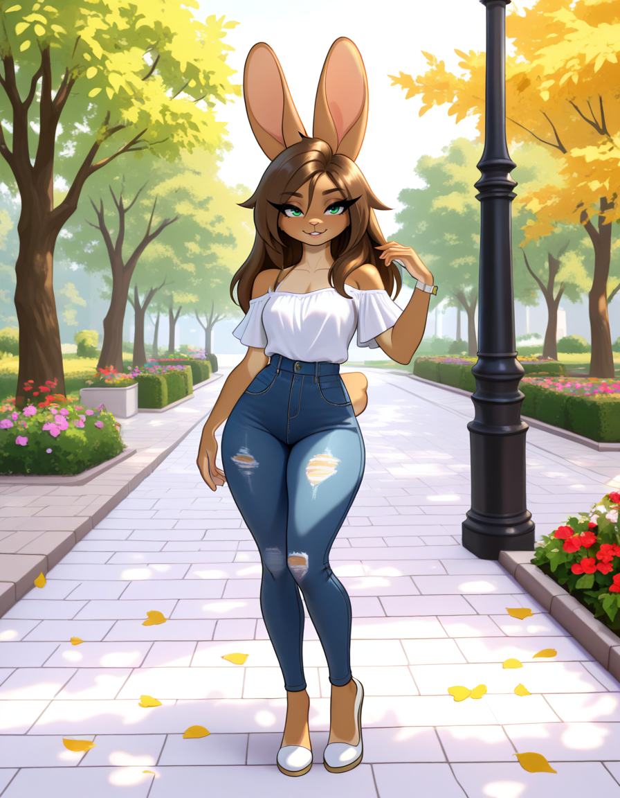 masterpiece, best quality, very aesthetic, absurdres,
outdoors, casual, 
full body, posing, 
seductive smile, parted lips, long eyelashes,
 <lora:Aubrey_Sky_v01_NAIXL:1>
4ubr3y5ky,1girl,solo,furry,furry female,rabbit girl,long hair,brown hair,rabbit ears,green eyes,animal nose,body fur,brown fur,rabbit tail,