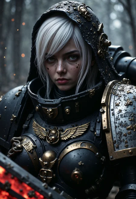 DeathW40K, close up of a female space marine wearing a power armor with a hood, her long hair is white, she's holding a glowing sword, <lora:FluxMythR3alisticF:0.7> <lora:FluxDeathW40K:1>