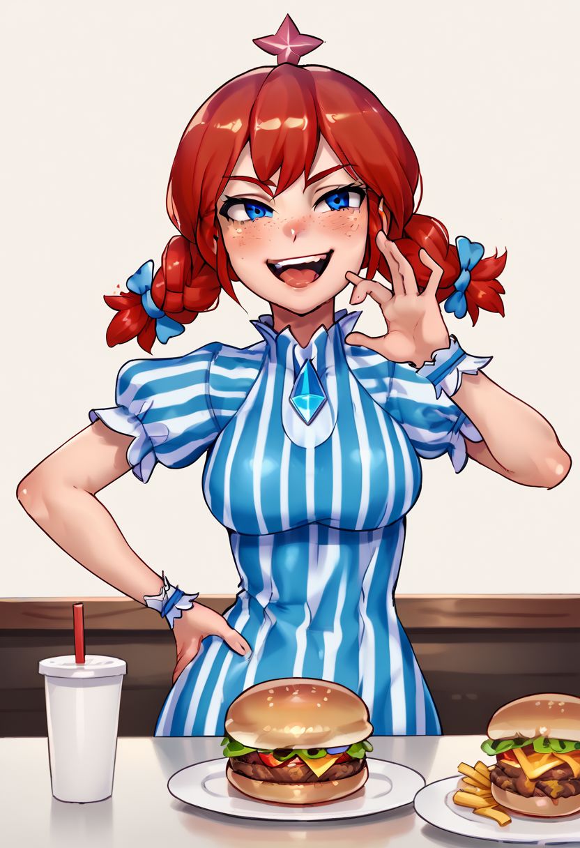 1girl, solo, upper body, vertical striped dress, red hair, freckles, blue eyes, pigtails, wrist cuffs, smug laugh, mouth open, ojou-sama pose, restaurant, burger, table, hand on hip, contrapposto, Wendy \(Wendy's\)