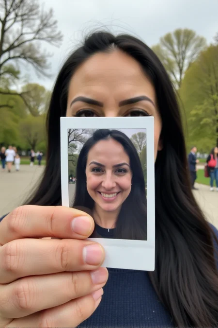 A woman, Ezada, is holding a Polaroid photo of herself in front of her face. The background of the image is blurred, showing a park or outdoor setting with trees and people in the distance. The focus is on the Polaroid, creating a visual contrast between the sharp, happy image in the photo and the blurred, real-life background behind it.<lora:Mistress_Ezada_Sinn:1>âââ