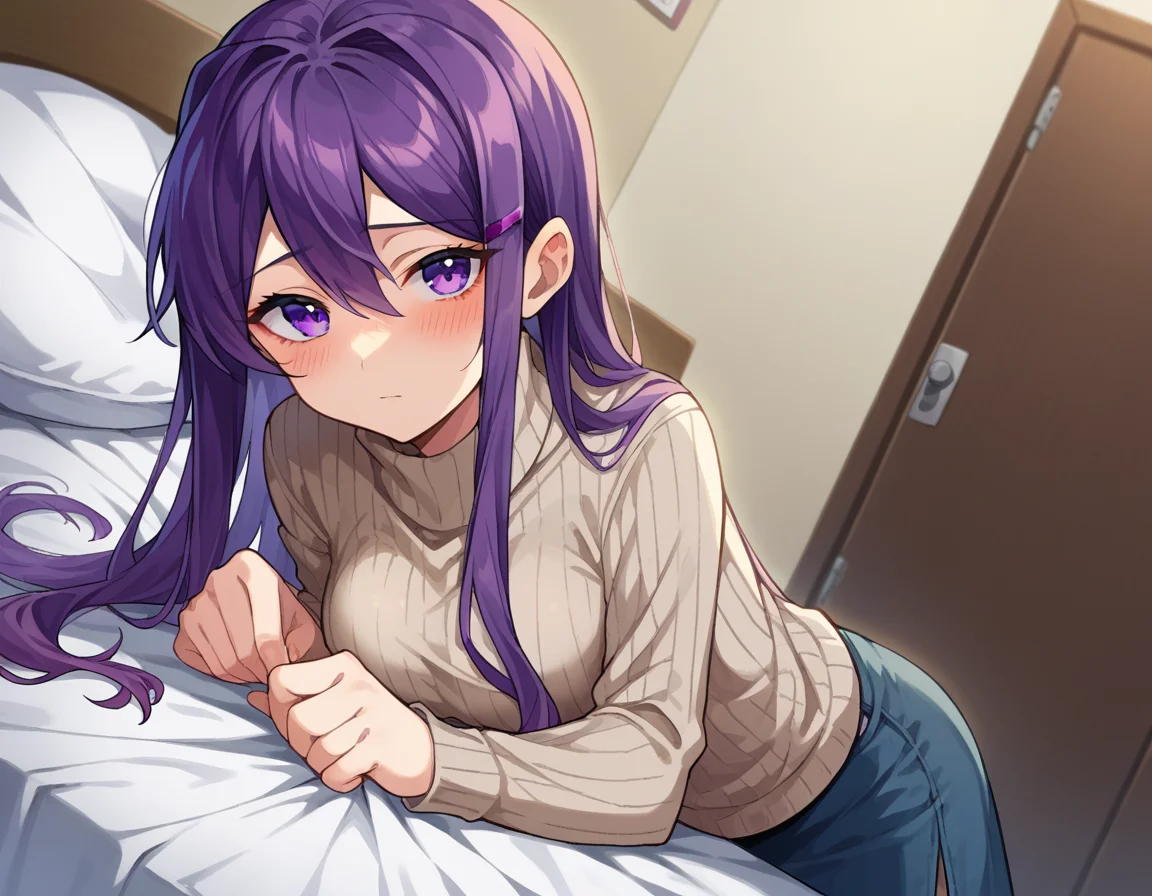 score_9, score_8_up, score_7_up, source_anime,
ddlcyuri, <lora:ddlc-yuri-ponyxl-lora-nochekaiser:1>
ddlcyuri, hair ornament, hairclip, long hair, purple eyes, purple hair,
casual clothes, grey sweater, miniskirt, pants, ribbed sweater, skirt, sweater, turtleneck, turtleneck sweater,
indoors, bed, bed room, on side, blush, drunk,
looking at viewer, dutch angle, cowboy shot,