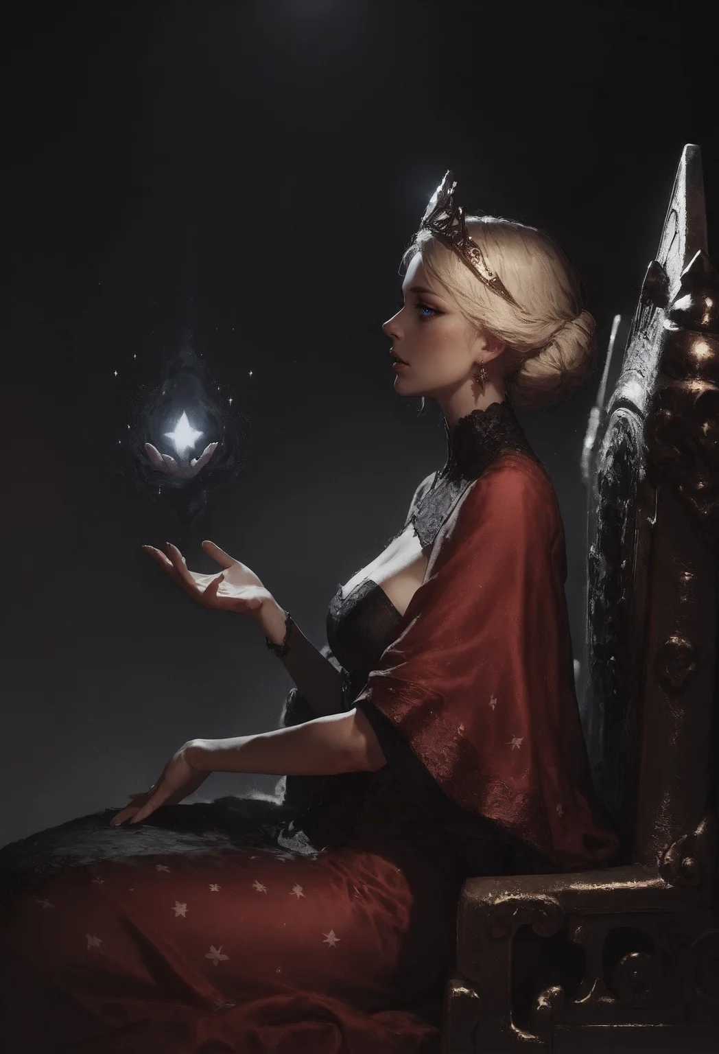 score_9, score_8_up, score_7_up, queen, blonde hair, portrait, short hair, sitting on a golden throne, red royal dress, castle room, ornate dress, intricate fabrics, white fur, throne room, golden tiara, dark theme, majestic, fantasy, (magic moonlight, star sky:1.2), side view <lora:pony/twilight_style:0.8> <lora:pony/expressiveh:0.8> expressiveh <lora:sdxl/sinfully_stylish_sdxl>