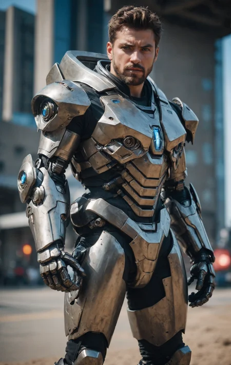 (masterpiece, best quality, ultra-detailed, best shadow), cinematic film still, realistic, man wearing a high tech scifi armor, mecha armor, male focus, armor, solo, facial hair, cape, beard, looking at viewer, blue eyes, blurry background, power armor, realistic, knee protection, standing, brown hair, science fiction <lora:aesthetic_anime_v1s:1.2>
