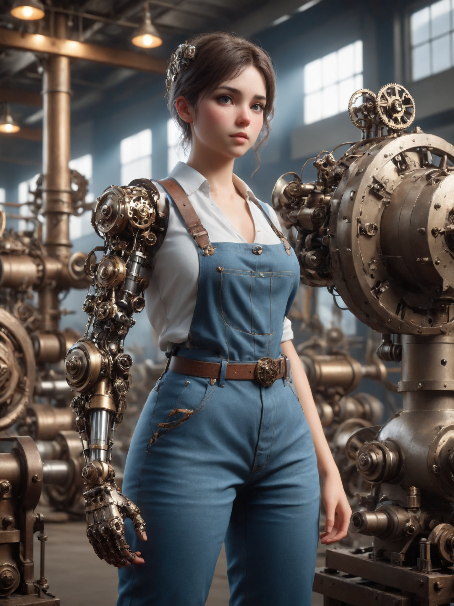 woman wearing a shirt and blue overall and mad-mecharm arm lifting heavy machinery, steampunk clothing, steam, grease, busy factory, cinematic shot, dramatic lighting, masterpiece, best quality, ultra high res, (photorealistic, realistic:1.2), deep shadow, raw photo, film grain, Fujifilm XT3, 8k uhd, dslr)