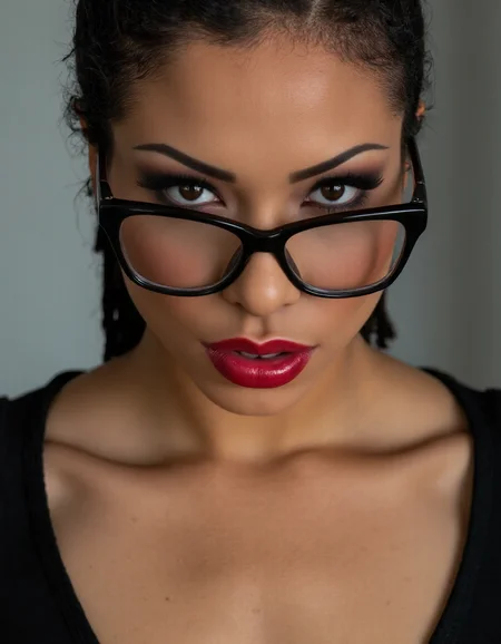 A striking portrait of a fierce woman with piercing eyes and bold, direct eye contact. She wears natural-looking brick-red lipstick and large, avant-garde glasses. The composition embodies a high-fashion editorial aesthetic, blending ethereal beauty with dramatic shadows and luxurious fashion details. The zoomed-out perspective places the subject in 30% of the frame, leaving ample negative space around her head for a modern, minimalist feel. The subtle 3D effect enhances the visual depth, creating a captivating and dynamic image.