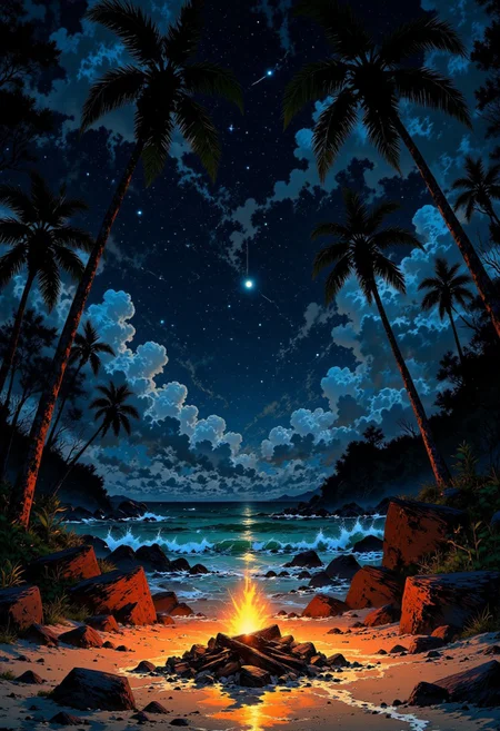 Caribbean Beach Bonfire – Warm Glow & Palm Shadows
"A peaceful Caribbean beach at night, where a small bonfire crackles softly on the sand. The flickering flames cast golden light on the nearby palm trees, creating dancing shadows against the moonlit waves. The sky is a deep shade of blue, with constellations shining brightly, while the ocean reflects the soft luminescence of the stars."