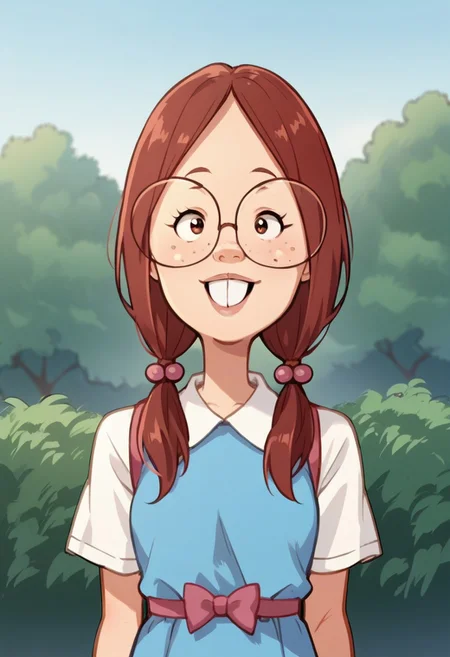 score_9, score_8_up, score_7_up, score_6_up, source cartoon, anime screenshot, anime screencap, gretchen, 1girl , solo female, buck teeth, freckles, glasses, school uniform,smile, outdoors, looking at viewer, upper body, red hair, twin tails, hair bobbles, blue dress