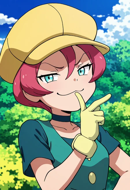 masterpiece, best quality, 1girl, solo, eyelashes, (beautiful eyes), smile, looking at viewer,    zzGeorgia, aqua eyes, pink hair, hair between eyes, short hair, yellow cabbie hat, green vest, choker, gloves, upper body,  (tsurime, smug), :3,   outdoors, day, cloud, blue sky, blurry background, crossed arms, smug,   <lora:GeorgiaPokemon_IXL_v3:1.0>,