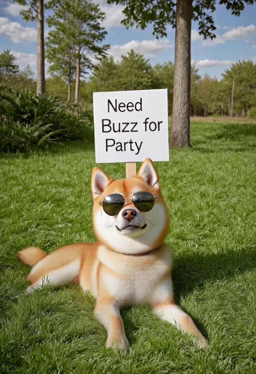 photorealistic, Shiba Inu, Doge with visually striking color outside, grass, holding up a sign with his paws that says "Need Buzz for Party"