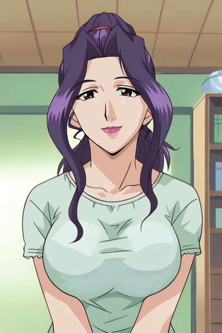 <lora:Mitsuko-Nikuyome:1>,mitsuko,1girl,solo,purple hair,lipstick,mature female,ponytail,long hair,brown eyes,breasts,shirt,looking at viewer,smile,indoors