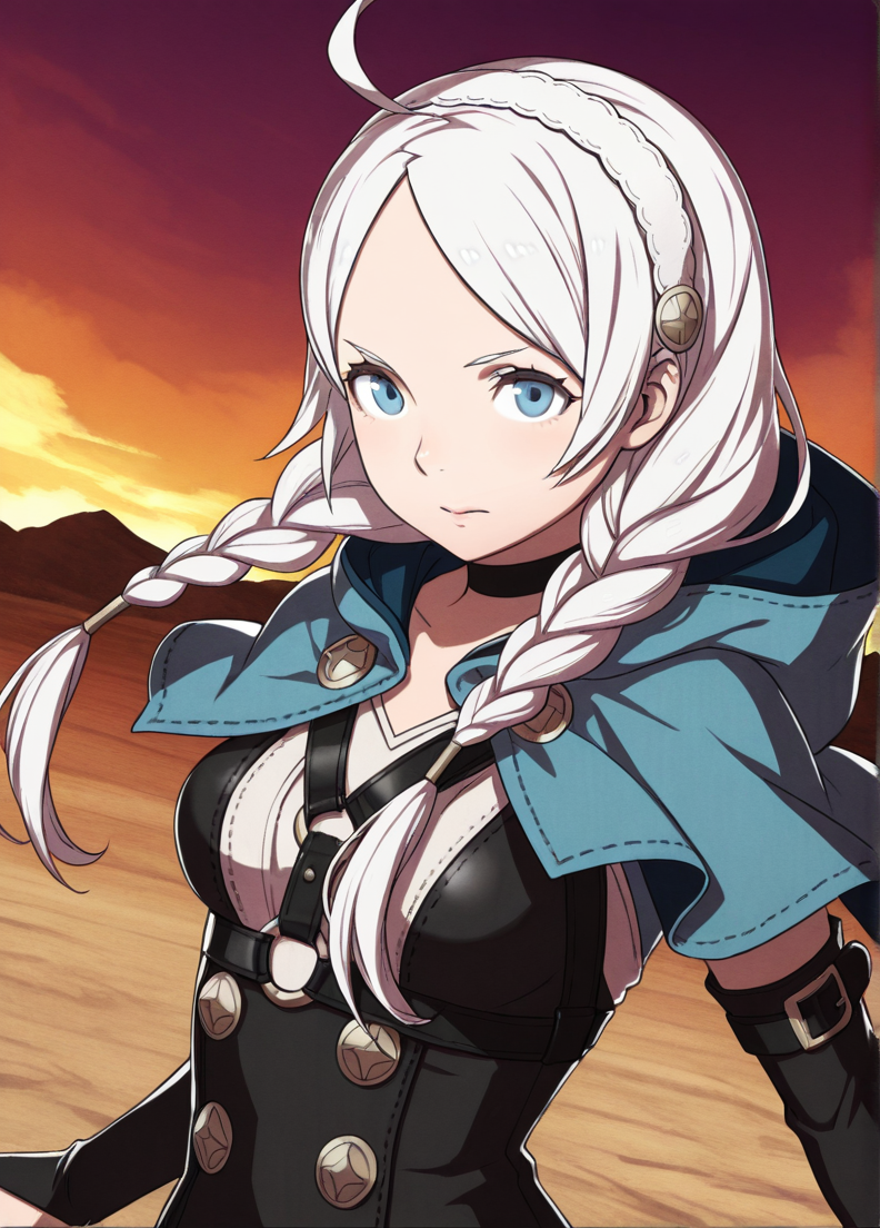 masterpiece, best quality, amazing quality, very aesthetic, absurdres, newest, detailed background, cowboy shot, outdoors, dynamic angle,
fireemblemxd, 1girl, harness, ahoge, hooded capelet, chest harness, braid, solo, twin braids, capelet, hairband, hood, leather, bangs, breasts, blue eyes, long hair, medium breasts, upper body, bridal gauntlets, twintails, parted bangs, white hair, white hairband, buttons, closed mouth, turtleneck, low twintails, choker, hood down
looking at viewer, dynamic pose, 
 <lora:Fire_Emblem_Style:1>