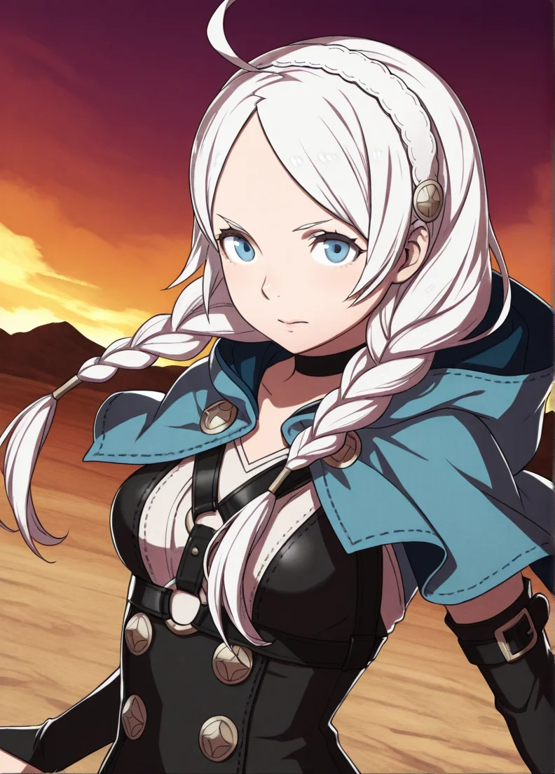 masterpiece, best quality, amazing quality, very aesthetic, absurdres, newest, detailed background, cowboy shot, outdoors, dynamic angle,
fireemblemxd, 1girl, harness, ahoge, hooded capelet, chest harness, braid, solo, twin braids, capelet, hairband, hood, leather, bangs, breasts, blue eyes, long hair, medium breasts, upper body, bridal gauntlets, twintails, parted bangs, white hair, white hairband, buttons, closed mouth, turtleneck, low twintails, choker, hood down
looking at viewer, dynamic pose,
<lora:Fire_Emblem_Style:1>
