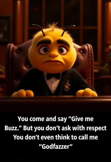 A cute fluffy bee in a black jacket, white shirt and bow tie sits in a leather chair at an expensive desk, like a mafia godfather, and looking at the viewer with a tired face. The room is dimly lit.
At the bottom of the picture is a white text with a black outline, written in a sans-serif font: 'You come and say "Give me Buzz". But you don't ask with respect. You don't even think to call me "Godfazzer"'
<lora:Cute_3d_Cartoon_Flux:0.6>