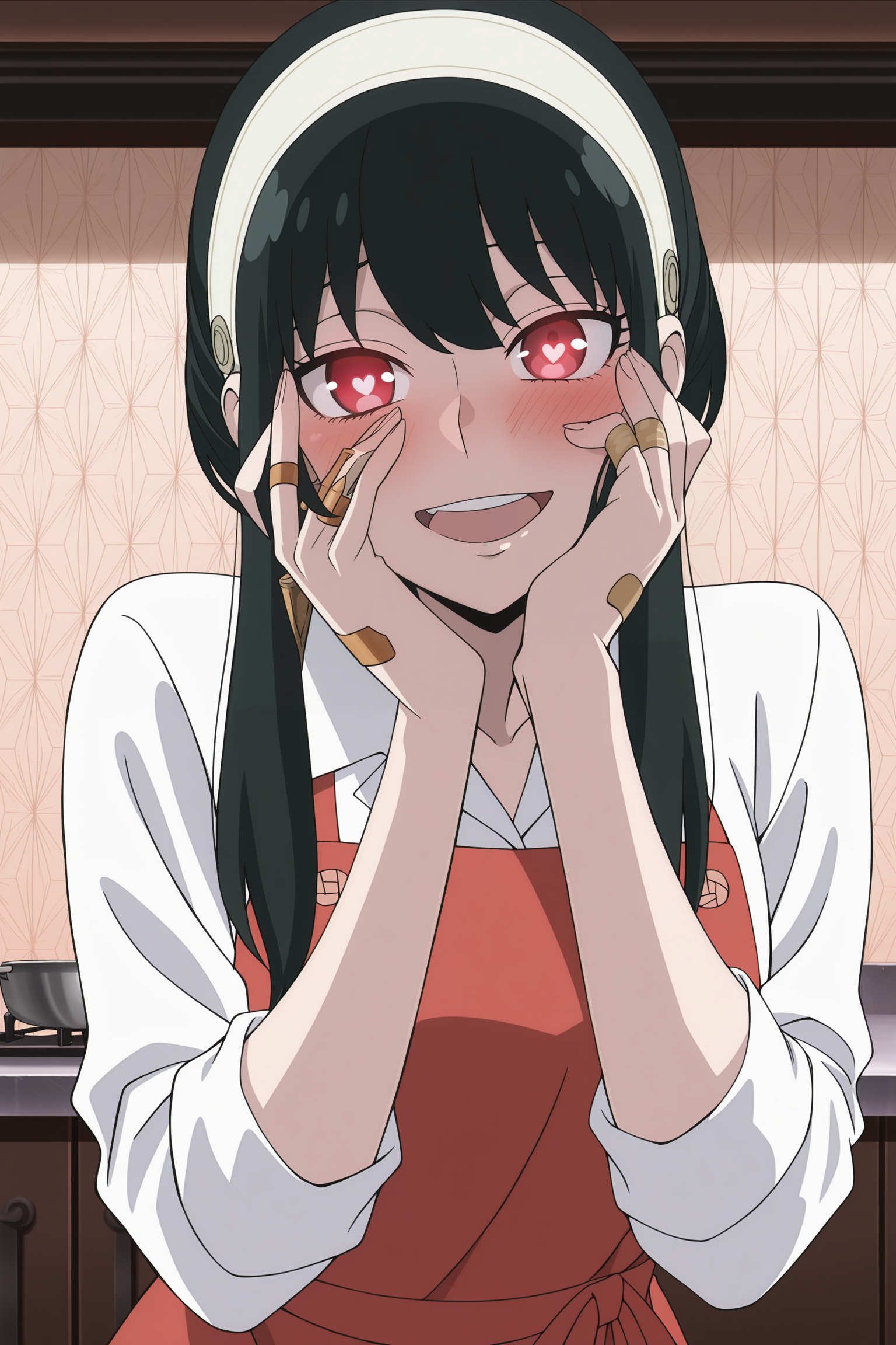 anime screencap, anime coloring, detailed face, masterpiece, best quality, very aesthetic, absurdres, volumetric lighting, official style, amazing quality, ultra detailed,  highres, amazing quality, scenery, beautiful detailed hair, beautiful detailed eyes, detailed fingers,
<lora:All_of_Yor_ForgerBriars_outfits_Spy_x_Family:.9>
in a kitchen,
Yor cooking outfit, Yor Forger (character), yor briar, 1girl, red apron, black hair, solo, red eyes, white hairband, bandaid, jewelry, shirt, bandaid on hand, earrings, white shirt, knife on kitchen counter,
<lora:yandere-trance-illustriousxl-lora-nochekaiser:1>, yandere trance, yandere, hands on own cheeks, hands on own face, crazy eyes, crazy smile, crazy, heart-shaped pupils, glowing eyes, symbol-shaped pupils, hand on own face, open mouth, glowing, blush, looking at viewer,