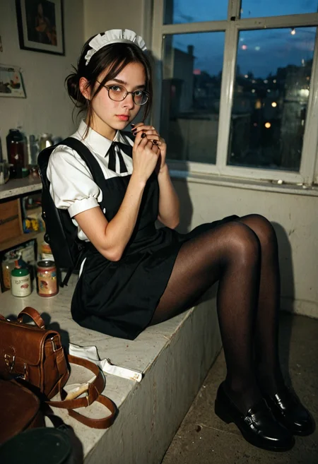 score_9, score_8_up, score_7_up, score_6_up, source_anime, anime coloring,  <lora:by_girutea-pony-000017:0.8> bby girutea, 1girl, solo, backpack, maid, glasses, bag, randoseru, sitting, pantyhose, apron, shoes, hair bun, dress, maid headdress, short sleeves, black pantyhose, looking at viewer, maid apron, puffy sleeves, black nails, bow, window, black footwear