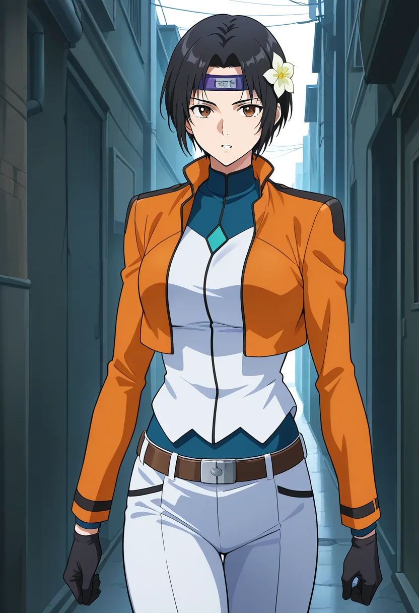 cbuniform, uniform, orange cropped jacket, long sleeves, two-tone shirt, belt, white pants, two-tone pants, black gloves, 1girl, solo, linroninsoul, black hair, short hair, parted bangs, hair flower, headband, brown eyes,walking, alley, serious, parted lips, cowboy shot,