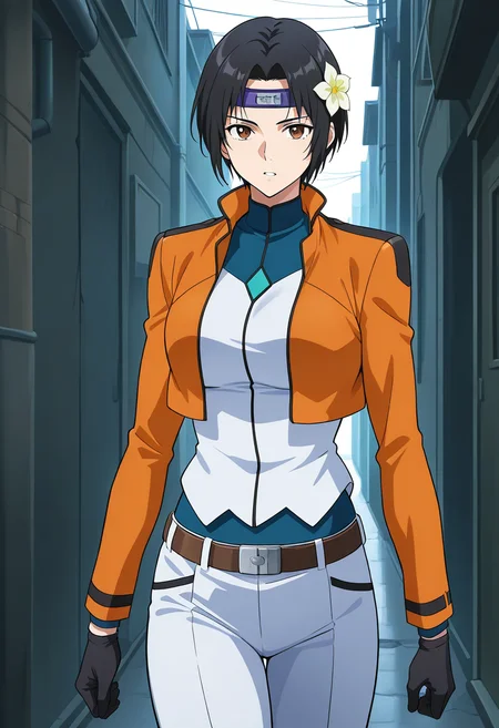 cbuniform, uniform, orange cropped jacket, long sleeves, two-tone shirt, belt, white pants, two-tone pants, black gloves, 1girl, solo, linroninsoul, black hair, short hair, parted bangs, hair flower, headband, brown eyes,walking, alley, serious, parted lips, cowboy shot,