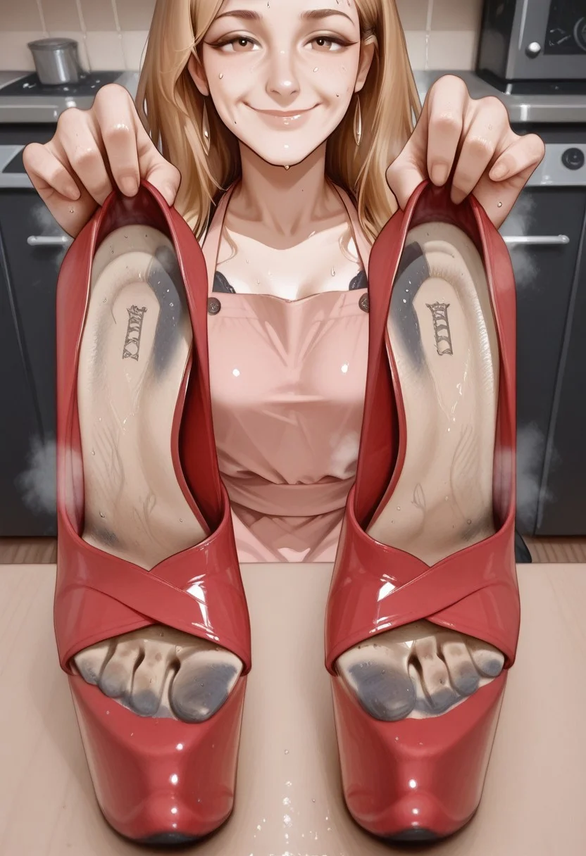 21 yo, ginetta, (cool bangs), long hair, blonde hair, smile, solo, , portrait, focus shoes, 1girl, housewife , pink apron, bra, ,, sitting, table, (j4nt3 stiletto heels, platform footwear), red high heels, platform heels on her hand, holding shoes, , unworn shoes, , shoes removed, smelly heels:1.4, holding shoe forward:1.3, shoes in frame:1.6, focus shoes, 1girl, kitchen, cute smile, stinky shoe:1.9, steaming shoe:1.4, well worn shoe:1.9, filthy shoes:1.1, , steaming shoes:1.9, smelly shoes, heels on foreground, worn heels:1.5, worn insoles:1.2, sweat stains:1.5, dirty shoes, dirty insoles:1.4, ,