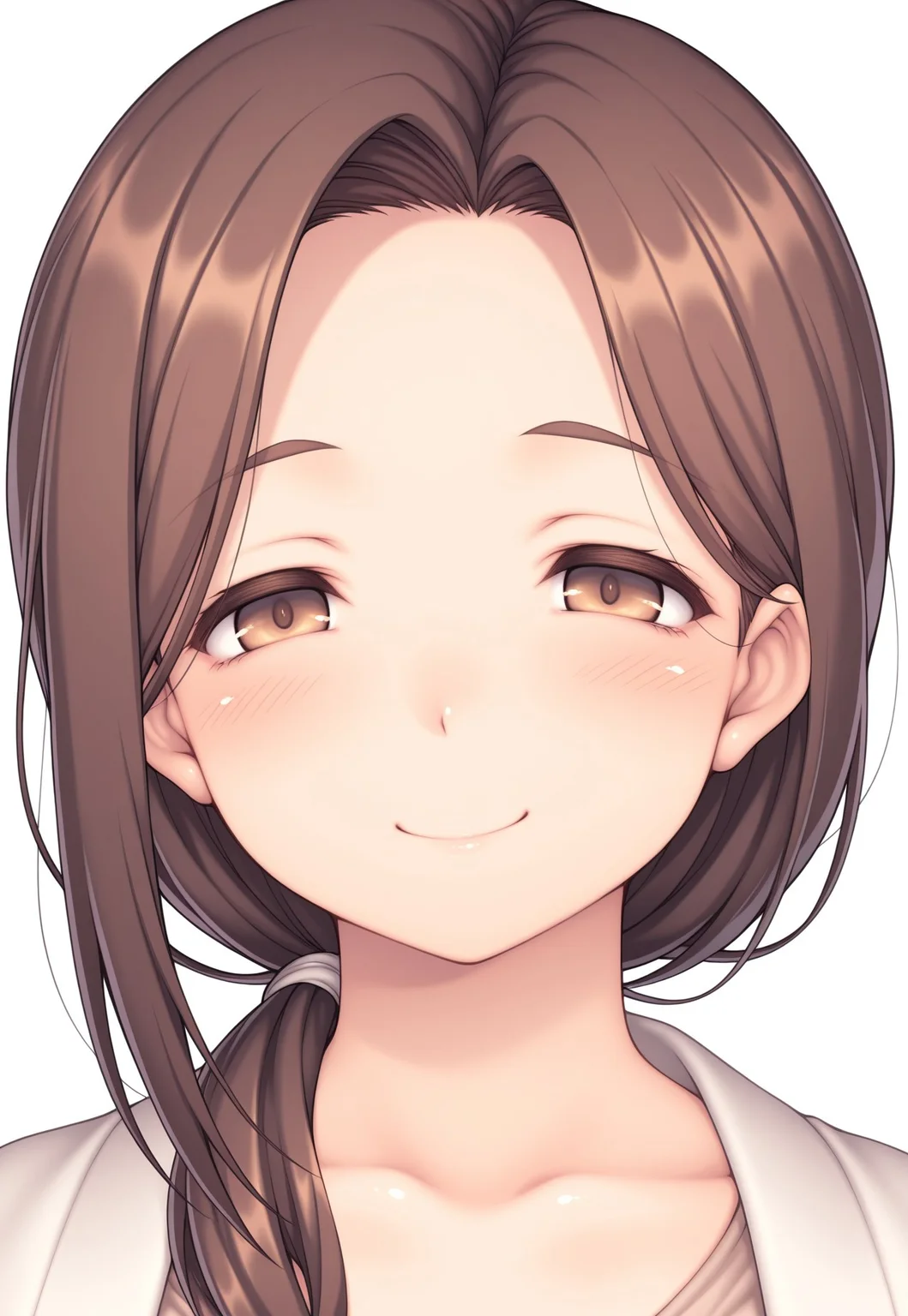 masterpiece,best quality,amazing quality,1girl,mature female,solo, looking_at_viewer,smile, simple_background, brown_hair,brown_eyes, white_background, long_hair, portrait,CH4B81L,