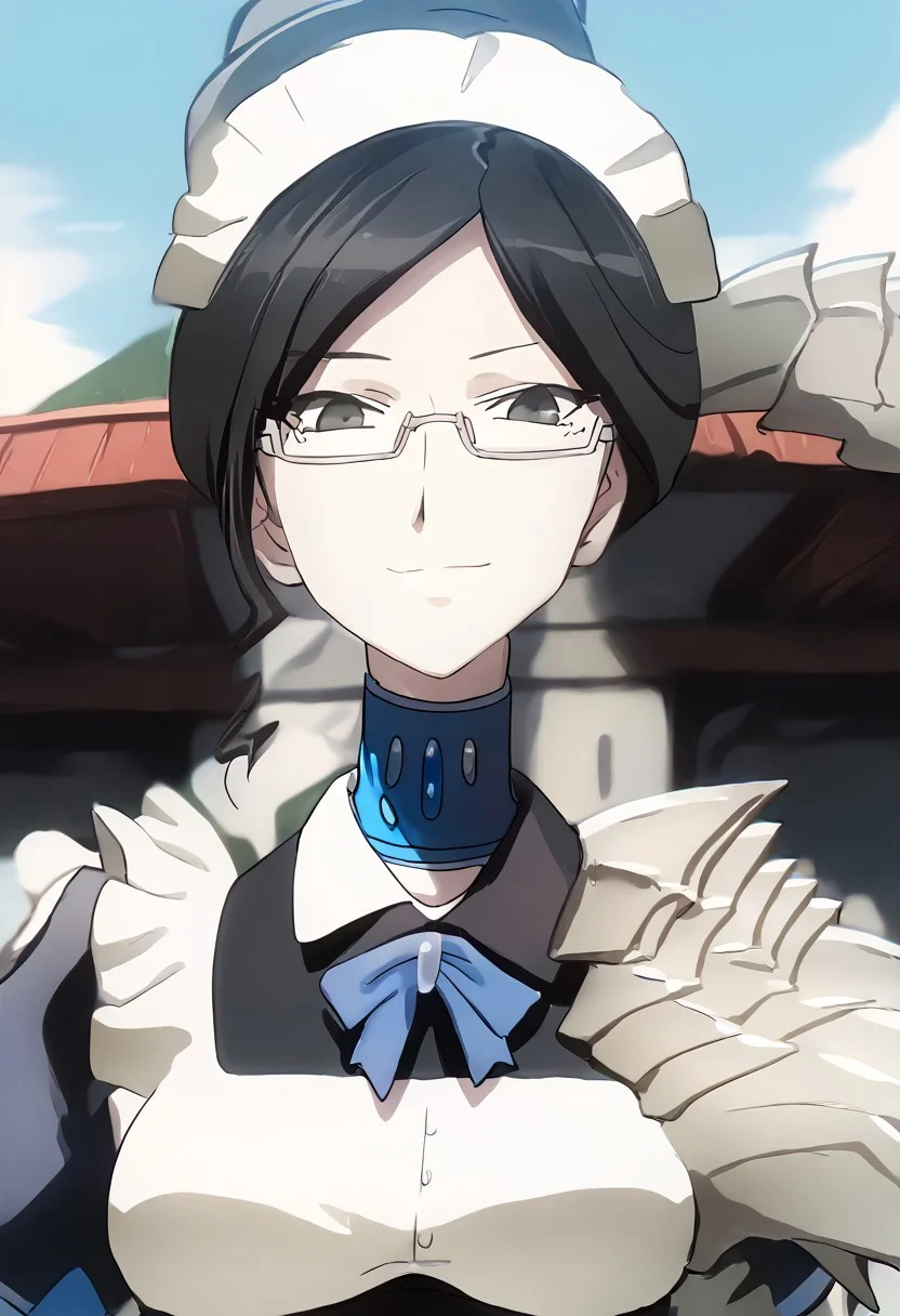 score_9, score_8_up, score_7_up, score_6_up, score_5_up, score_4_up, alpha_Black_white_armored_maid_uniform, yurialpha, solo, looking_at_viewer, closed_mouth, light_smile, white_maid_headdress, rimless_eyewear, blue_choker, single_pauldron, shoulder_armor, upper_body, full_face, portrait, close-up, outdoors, <lora:Alpha_V1SDXL(NEW):0.8>