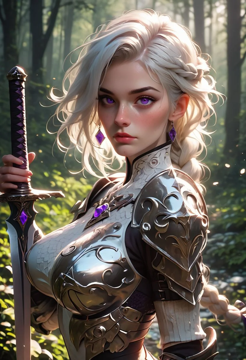 score_9, score_8_up, score_7_up, score_6_up,
1girl, beautiful, d4rkv10l3t, white hair, single braid, purple eyes, big breasts, leather armor, sword, forest, dappled sunlight, upper body, looking at viewer