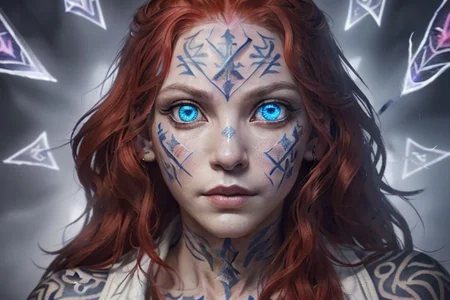 bright red hair, human female, (feminine:1.7), (beautiful face, detailed face:1.6), (beautiful eyes, detailed eyes:1.7), (looking at viewer, eye contact, intense:1.6), (long hair, red hair, curly hair:1.3), , ((masterpiece, best quality, high resolution, realistic, best quality,)), photo realistic, Perfect Face, (detailed face). <lora:GoodHands-vanilla:0.6> <lora:add-detail-xl:0.8>, mage, (Dress White military uniform coat), dagger, rune dagger, glowing runes, , (((glowing magic symbols tattoos, religious tattoos))), ((face tattoos)), glowing tattoos, stone tower in the background