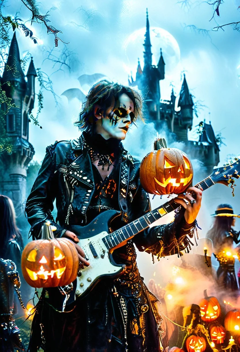 “Gothic castle on a hill illuminated by a full moon. In the foreground, a group of metal musicians in tattered leather jackets and Halloween makeup play electric guitars. The vocalist is in the center, with a microphone wrapped in skulls and spider webs. A mist envelops the scene, and in the distance the shadows of bats are seen. Spectators are dressed in various Halloween costumes, some with their arms raised high, holding glowing pumpkin lanterns.'
