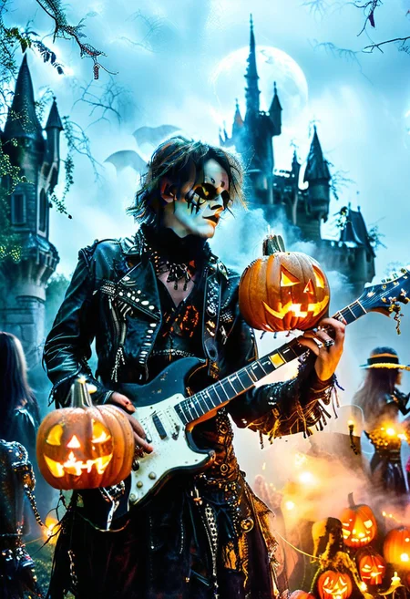 “Gothic castle on a hill illuminated by a full moon. In the foreground, a group of metal musicians in tattered leather jackets and Halloween makeup play electric guitars. The vocalist is in the center, with a microphone wrapped in skulls and spider webs. A mist envelops the scene, and in the distance the shadows of bats are seen. Spectators are dressed in various Halloween costumes, some with their arms raised high, holding glowing pumpkin lanterns.'