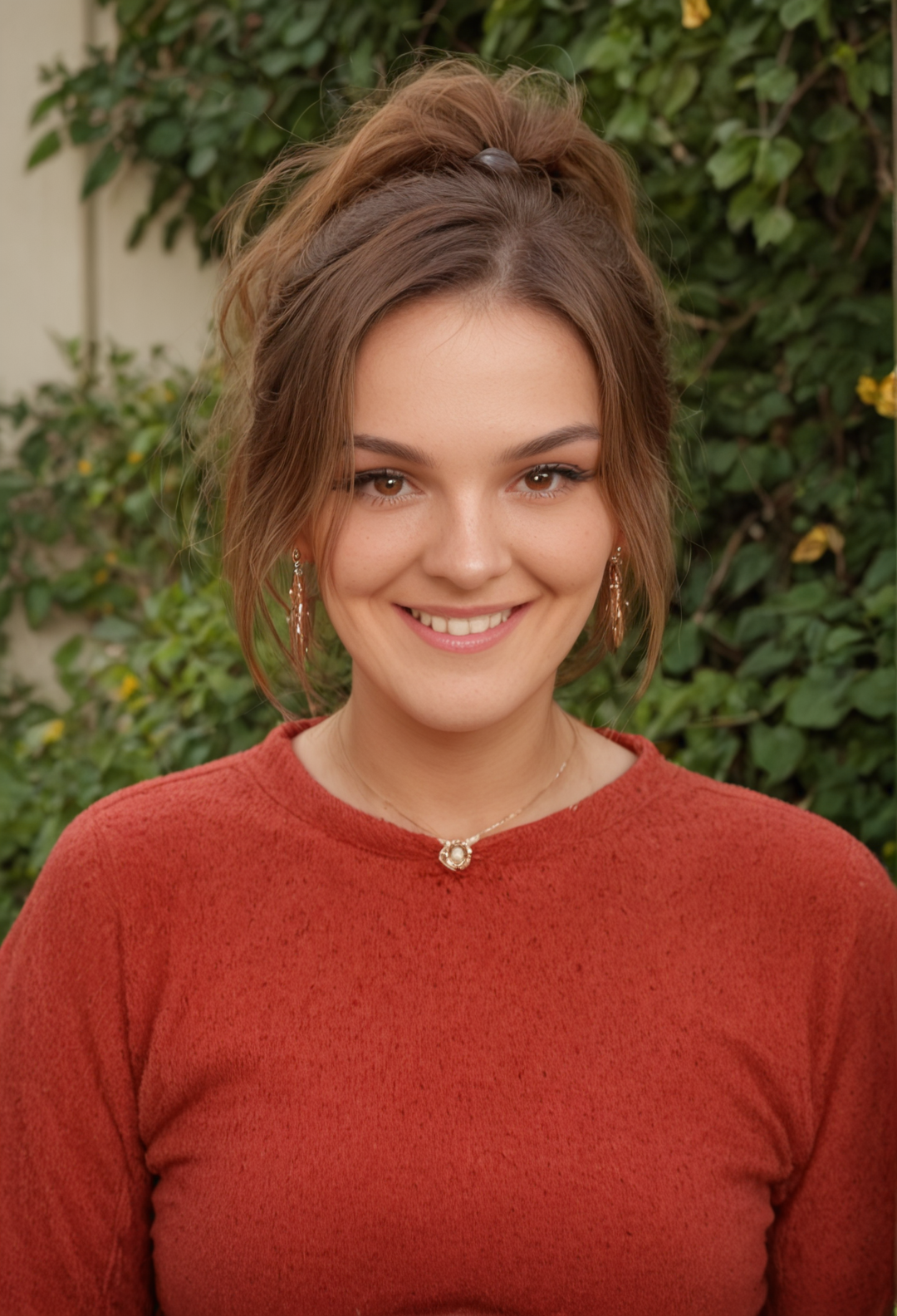 <lora:Malena_Tudi:1>,Malena,score_9, score_8_up, score_7_up, 1girl, solo, looking at viewer, smile, brown hair, brown eyes, jewelry, earrings, portrait, red sweater, outdoor, front view