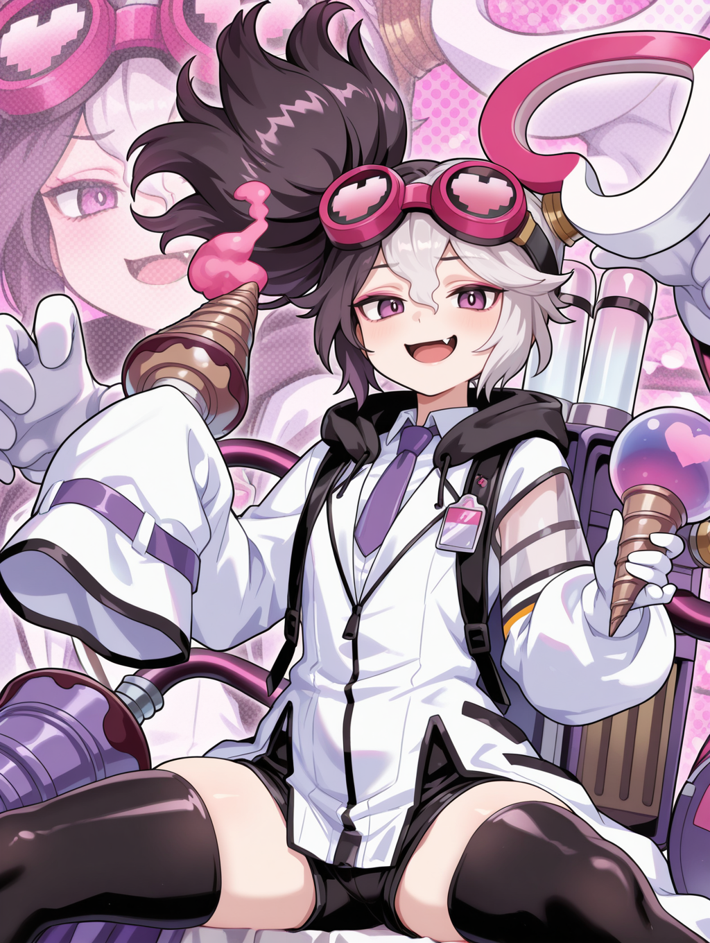 vanquish soul dr. mad love,1girl,fang,solo,open mouth,looking at viewer,cone \(weapon\),smile,single sleeve past fingers,sitting,extra mechanical arms,backpack,holding cone \(weapon\),zoom layer,white hair ornament,goggles on head,white collared shirt,white labcoat,purple necktie,single white glove,black short shorts,black thighhighs,drill,huge hammer,purple smoke,dual wielding,official style,polka dot background,
masterpiece,best quality,amazing quality,very aesthetic,absurdres,newest,<lora:Vanquish Soul Dr. Mad Love illusXL v1.1:0.72>,